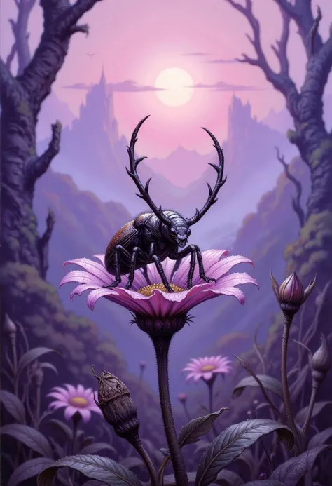 hyp3rd3tail style,  Frank Frazetta fantasy oil painting  of a tiny alien bug on an otherworldly alien lower in the purple morning sun, the flower and it's leaves covered in dew, the bug has intricate bone antlers