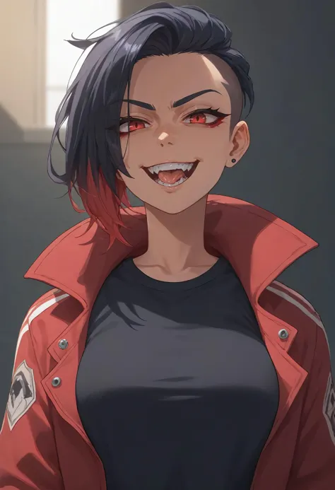 score_9, score_8_up, score_7_up, score_6_up,   1girl,solo,looking at viewer,  upper body, long hair, undercut, black hair,colored inner hair, breasts, evil grin, shaded face, tongue out, ,open mouth, fang, , bralette,jacket, open jacket