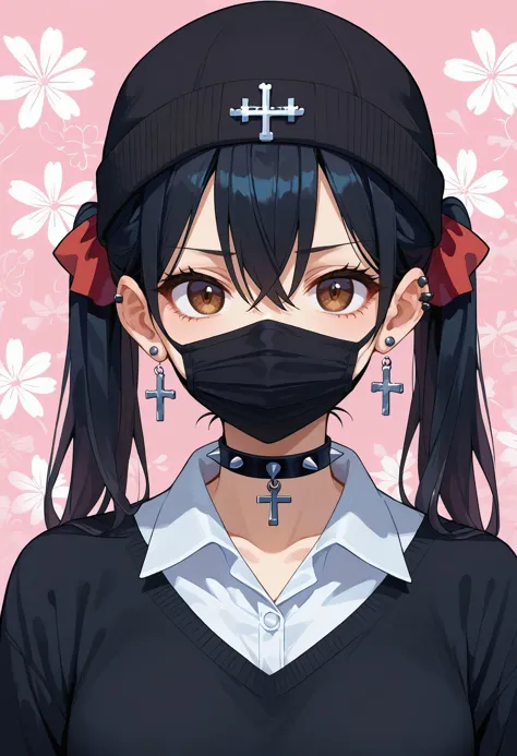 score_9,score_8_up,score_7_up, 1girl, alternate costume, beanie, black choker, black hair, black hat, black sweater, bow, brown ...