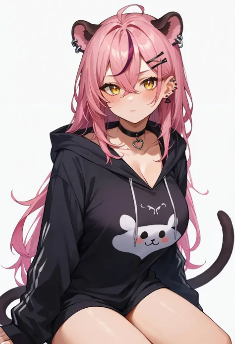 score_9,score_8_up,score_7_up,score_6_up,1girl, alternate costume, black choker, black hoodie, blush, breasts, choker, drawstring, ear piercing, hair between eyes, hair ornament, hairclip, hood, hood up, hoodie, large breasts, long hair, long sleeves, looking at viewer, multicolored hair, panther girl, panther tail, piercing, pink hair, simple background, solo, streaked hair, tail, thighs, virtual youtuber, white background, yellow eyes