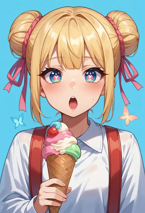 score_9, score_8_up, score_7_up, score_6_up, 1girl, alternate costume, alternate hairstyle, artist name, blonde hair, blue background, blush, butterfly-shaped pupils, chestnut mouth, cowboy shot, double bun, food, hair bun, hair ribbon, holding, holding ice cream cone, ice cream, ice cream cone, long sleeves, open mouth, pink pupils, pink ribbon, red bag, ribbon, shirt, simple background, solo, symbol-shaped pupils, too many, too many scoops, white shirt