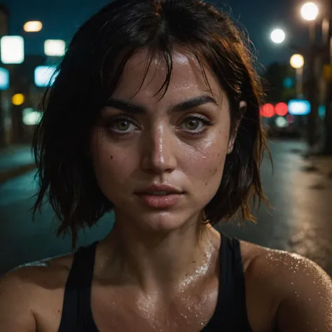 a woman with a wet face standing in the rain