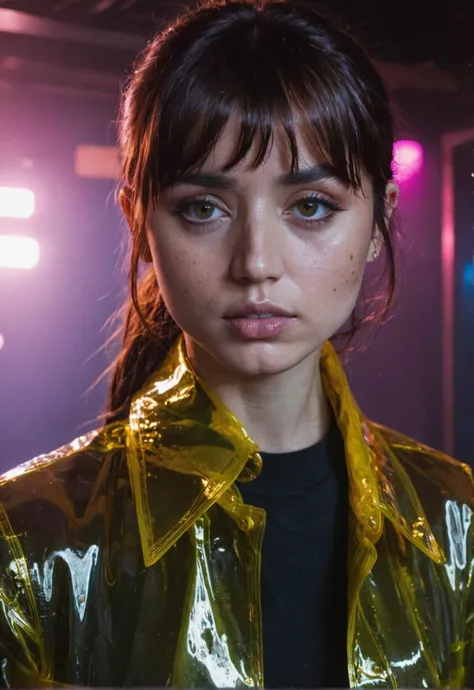 a woman in a shiny jacket standing in front of a stage