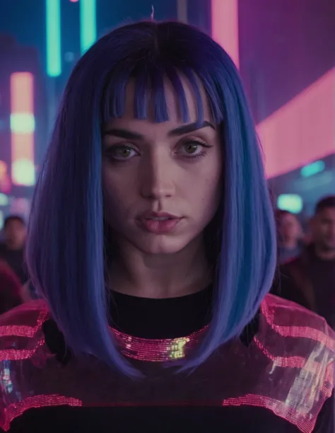 a woman with blue hair and a black top in a neon room