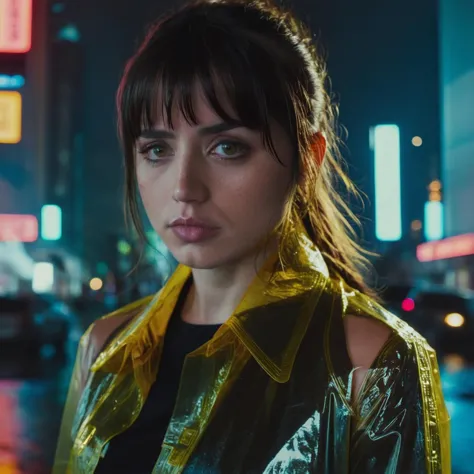 a woman in a raincoat standing on a city street at night