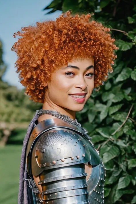 a close up of a woman in armor posing for a picture