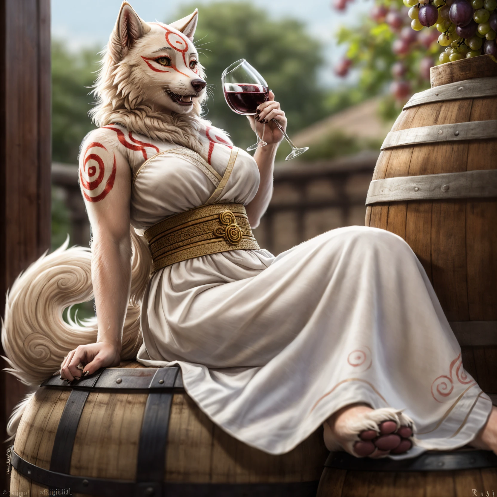 ((amaterasu \(okami\) female)),((wearing roman clothes)), trinking wine ,(wearing a cown made of grapes), sitting on top of a wine barrel , fantasy setting , drunken state, laughing, ((paws)), ((realistic fur, detailed fur:1.3))
BREAK
(masterpiece, best quality, ultra realistic, 4k, 2k, (intricate, high detail:1.2), film photography, soft focus,
RAW photo, ((photorealistic)), analog style, subsurface scattering, photorealism, absurd res), 