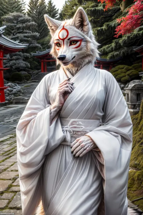 (Highest Quality, UHD, 8k, masterpiece, Amazing Details:1.35), ((unparalleled realism:1.1)),  standing in front of japanese torii gate, Shallow Depth of Field, E671, lens 50mm f/2.0, professional full-body portrait,
(anthro amaterasu), lycanthrope, ((clothed)), (uchikake, obi, sash), outside, (highly detailed face, looking at viewer), lycanthrope wolf hands, furry female, furry, eyelashes, black lips, (wolf tail), (wolf paws, digitigrade), detailed anthro wolf hands,
(anthro realistic fur, (pristine white fur:1.2) over entire body, detailed fur texture:1.2), (gynomorph),
<lora:AmaterasuFRL27nO>,
<lora:add_detail:0.75>, <lyco:hd_helper_v1:0.25>, <lora:kimonoClothes_v10:0.75>,