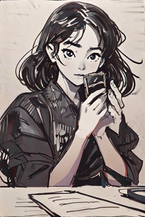 a close up of a drawing of a woman holding a cell phone