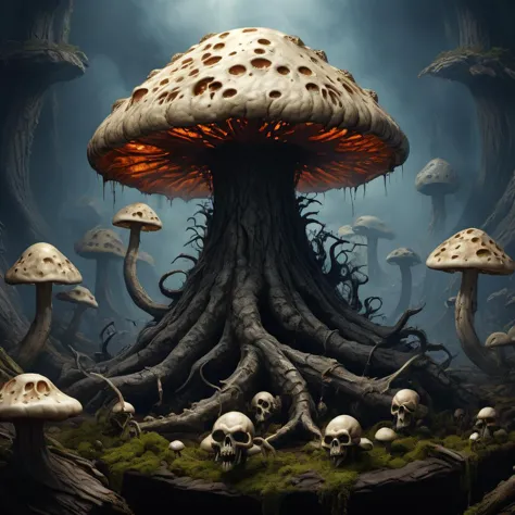 mushrooms and skulls in a forest with a dark sky background