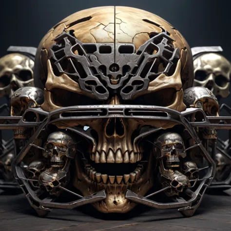 there is a gold skull with a bunch of skulls on it