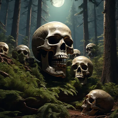 a group of skulls in a forest with a full moon in the background