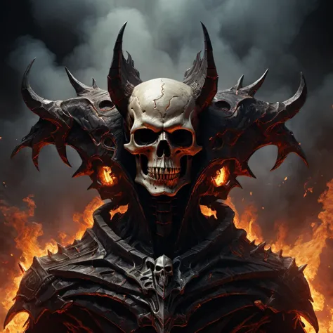 a skull with horns and a demon face in a dark background