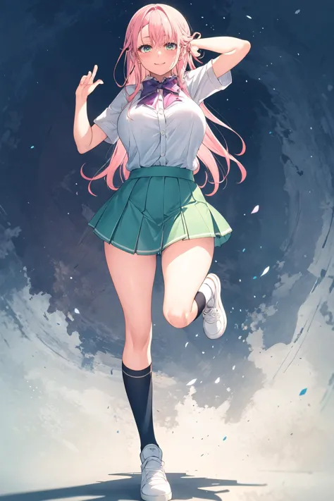 masterpiece, best quality, 1girl, solo, long hair, breasts, looking at viewer, blush, smile, bangs, skirt, large breasts, simple background, shirt, white background, bow, closed mouth, school uniform, green eyes, standing, full body, white shirt, pink hair, short sleeves, pleated skirt, shoes, socks, collared shirt, miniskirt, bowtie, huge breasts, arm up, gradient, kneehighs, gradient background, white footwear, standing on one leg, green skirt, black socks, purple bow, shirt tucked in, uwabaki, purple bowtie, tented shirt <lora:toosaka-asagi -Style_796448:1>