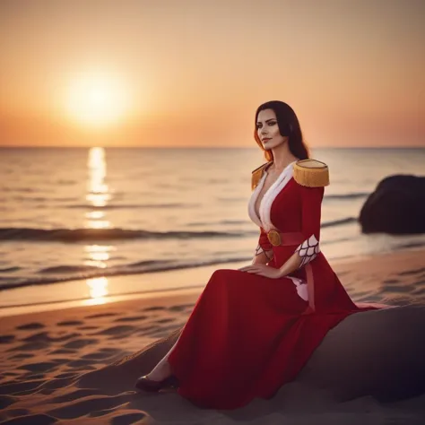 a woman in a red dress sitting on a rock on the beach