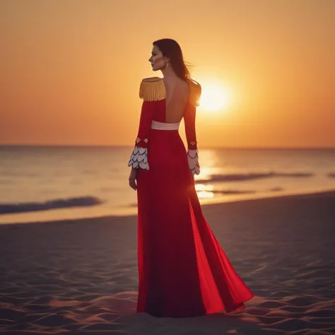 a woman in a red dress standing on a beach at sunset