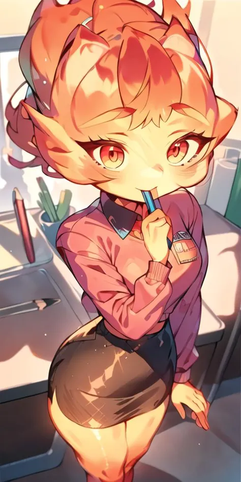 (best quality, masterpiece, detailed face, beautiful detailed eyes), <lora:EmberElementalV2:0.9>, Ember, girl made of fire, 1girl, (solo),((standing, fullbody, using a social shirt with long sleeves, wearing a pencil skirt, thick tighs)), detailed background, standing on a office