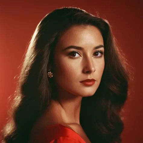 a woman with long hair and a red dress posing for a picture