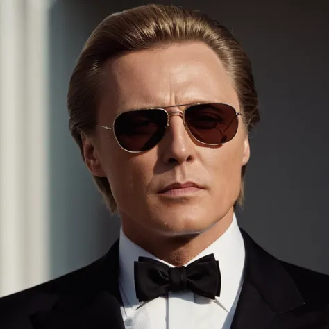 a close up of a man in a suit and sunglasses