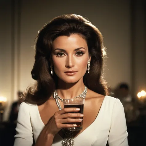 analog film photo of  <lora:James Bond 007 style:0.9> detailed sharp image of
Simone Solitaire Latrelle Jane Seymour a woman in a white dress holding a glass,1girl,solo,long hair,breasts,brown hair,black hair,dress,holding,cleavage,brown eyes,jewelry,upper body,parted lips,necklace,white dress,black eyes,cup,lips,looking to the side,holding cup,realistic , dramatic light, dramatic shadow light, contrast, cinematic color, cinematic look, filmic, realistic, realism, perfection, perfect, Kodak, Kodak film, movie still, spy film, action themed, espionage, James Bond style, James Bond film style, 007 style, 007 film style, faded film, desaturated, 35mm photo, grainy, vignette, vintage, Kodachrome, Lomography, stained, highly detailed, found footage