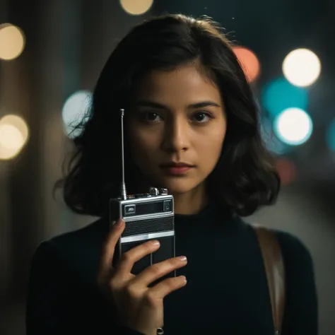 cinematic film still of  <lora:James Bond 007 style:0.9> detailed sharp image of
a person holding a small radio in their hand,Gadgets,1girl,black hair,holding,blurry,blurry background,phone,cellphone,smartphone,holding phone , dramatic light, dramatic shadow light, contrast, cinematic color, cinematic look, filmic, realistic, realism, perfection, perfect, Kodak, Kodak film, movie still, spy film, action themed, espionage, James Bond style, James Bond film style, 007 style, 007 film style, shallow depth of field, vignette, highly detailed, high budget, bokeh, cinemascope, moody, epic, gorgeous, film grain, grainy