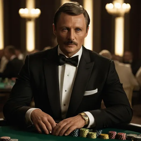 a man in a tuxedo sitting at a table with poker chips