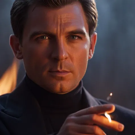 a man in a suit holding a lit candle in his hand