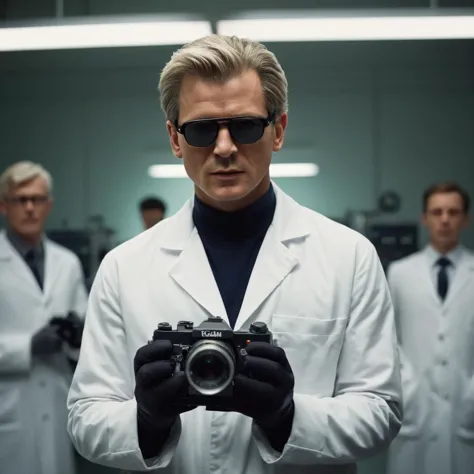 cinematic film still of  <lora:James Bond 007 style:0.9> detailed sharp image of
a man in a lab coat holding a camera with muzzle flash coming of it,Gadgets,short hair,long sleeves,1boy,white hair,male focus,multiple boys,glasses,indoors,sunglasses,watch,realistic,white coat,wristwatch , dramatic light, dramatic shadow light, contrast, cinematic color, cinematic look, filmic, realistic, realism, perfection, perfect, Kodak, Kodak film, movie still, spy film, action themed, espionage, James Bond style, James Bond film style, 007 style, 007 film style, shallow depth of field, vignette, highly detailed, high budget, bokeh, cinemascope, moody, epic, gorgeous, film grain, grainy