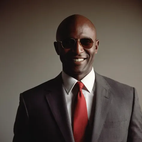 a close up of a man in a suit and sunglasses smiling