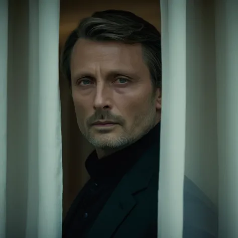 cinematic film still of  <lora:James Bond 007 style:0.9> detailed sharp image of
Le Chiffre Mads Mikkelsen a man looking out of a window with a curtain,solo,looking at viewer,1boy,closed mouth,male focus,facial hair,portrait,realistic,stubble , dramatic light, dramatic shadow light, contrast, cinematic color, cinematic look, filmic, realistic, realism, perfection, perfect, Kodak, Kodak film, movie still, spy film, action themed, espionage, James Bond style, James Bond film style, 007 style, 007 film style, shallow depth of field, vignette, highly detailed, high budget, bokeh, cinemascope, moody, epic, gorgeous, film grain, grainy