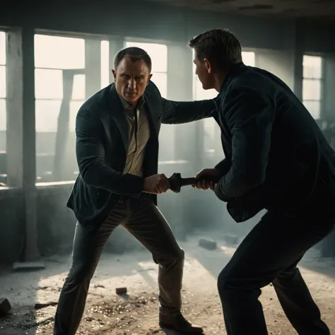 cinematic film still of  <lora:James Bond 007 style:0.9> detailed sharp image of
two men are fighting with a hammer in a building,short hair,black hair,jacket,weapon,male focus,multiple boys,pants,2boys,battle , dramatic light, dramatic shadow light, contrast, cinematic color, cinematic look, filmic, realistic, realism, perfection, perfect, Kodak, Kodak film, movie still, spy film, action themed, espionage, James Bond style, James Bond film style, 007 style, 007 film style, shallow depth of field, vignette, highly detailed, high budget, bokeh, cinemascope, moody, epic, gorgeous, film grain, grainy