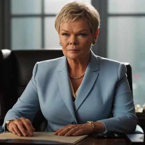 robina in a blue suit sitting at a desk with a book