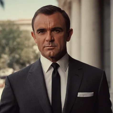 a close up of a man in a suit and tie standing in front of a building