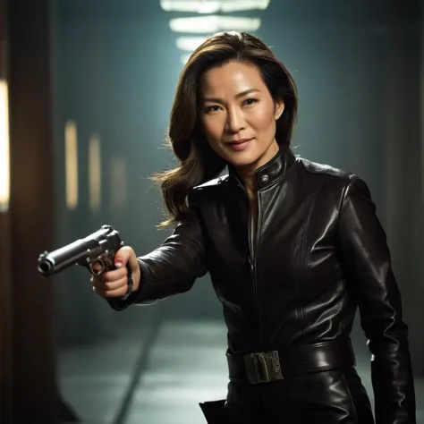 a woman in a leather jacket holding a gun in a hallway