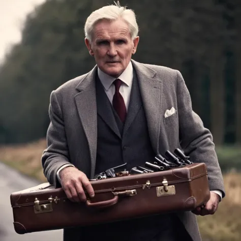 arafed man in a suit holding a briefcase on a road