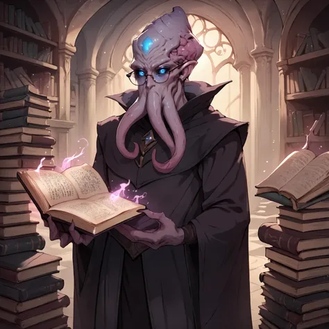 score_9, score_8_up, score_7_up, score_6_up, score_5_up, score_4_up, <lora:gravs-mindflayer-1.2-locon:1> front view of a solo mindflayer standing while holding a book and reading it,mindflayer,monster,solo,solo focus,blue glowing eyes,black sclera,looking down, standing,clothed,coat,robe,book,necronomicon, glasses,reading, magic,runes,magical runes,library,wizard robe,researcher