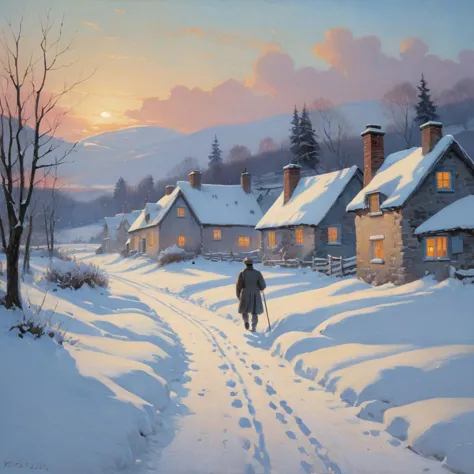 masterpiece, best quality, <lora:add-detail-xl:1>, arsmjstyle, impressionism,  a snow-covered village at dusk, with warm light s...