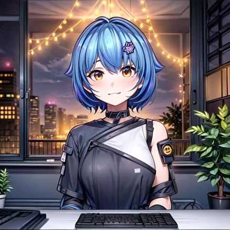 anime girl with blue hair and blue eyes sitting at a desk