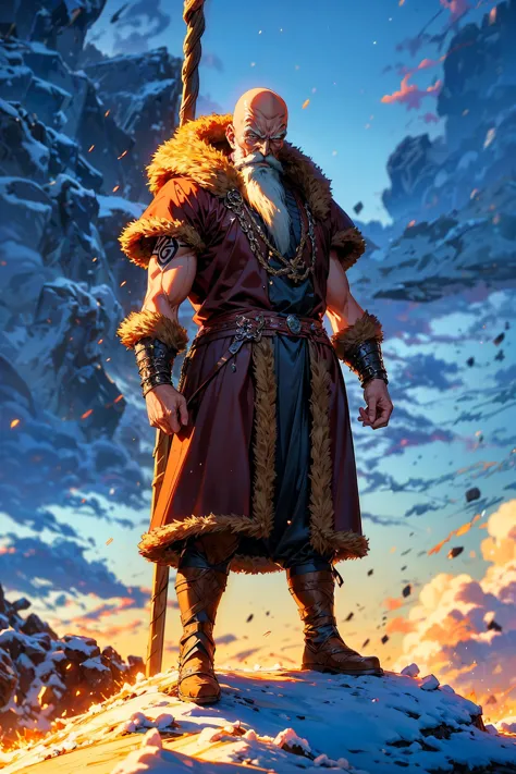 a man in a brown outfit standing on top of a snow covered mountain