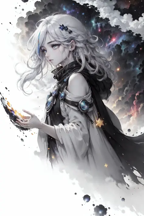 ((masterpiece)), (((best quality))), ((ultra-detailed)), ((illustration)),[realism light effect],shadow,(Fantasy style),(white background:1.6), simple background, (earth theme),(a cloak)[(hair focus,((1girl)),[(big slime hair): (cloud hair):0.3], (hair on background),(high saturation),(hair surrounded by galaxy splashes),)):((her hair is becoming galaxy clouds,:1.27628), (hair and clothes is galaxy clouds and cluster of stars:1.1025),(a cloak is becoming galaxy clouds)(colorful_galaxy_print_clusters_of_stars_print:1.35),((detailed starry sky with colorful galaxy and galaxy clouds):1.2)):0.35], (((masterpiece))),(((best quality))),((ultra-detailed)),(illustration),(dynamic angle),((floating)),(paint),((disheveled hair)),((beautiful detailed face)),collar,bare shoulders, ((colorful hair)),((streaked hair)),beautiful detailed eyes,(Gradient color eyes),(((colorful eyes))),(((colorful background))),(((high saturation))),(((surrounded by colorful splashes))),(((surrounded by colorful dot))),colorful bubble,((shining)),