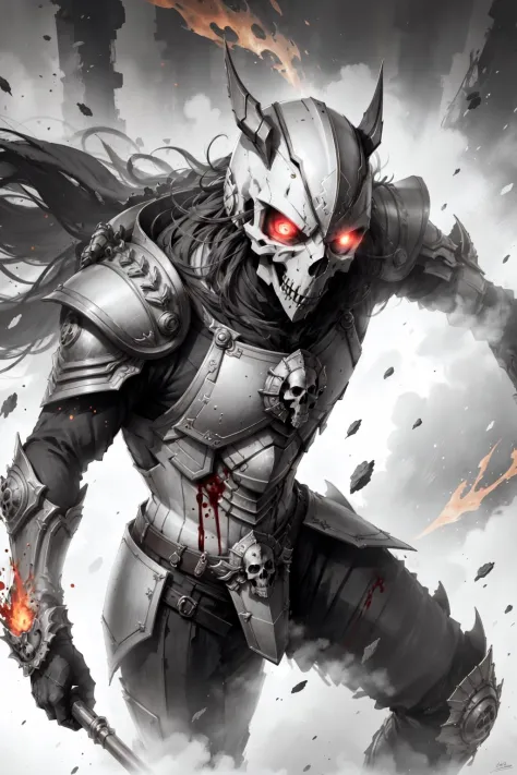 the armor, the skull, blood fog,dynamic angle,close up,red  flash eyes