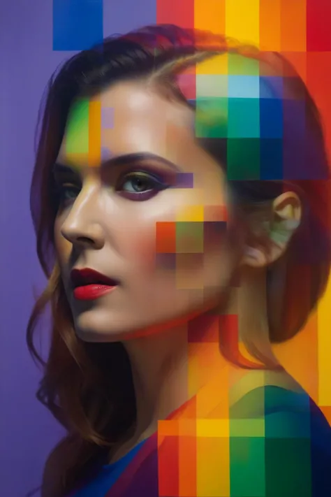 a woman with a colorful face and a rainbow background