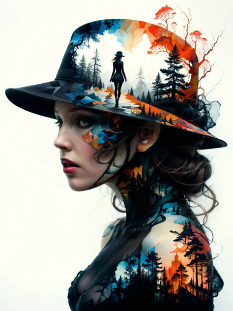 mysterious silhouette woman with hat, by Minjae Lee, Carne Griffiths, Emily Kell, Steve McCurry, Geoffroy Thoorens, Aaron Horkey, Jordan Grimmer, Greg Rutkowski, amazing depth, double exposure, surreal, geometric patterns, intricately detailed, bokeh,  perfect balanced, deep fine borders, artistic photorealism , smooth,  great masterwork by head of prompt engineering   <lora:add-detail-xl:2>  <lora:Double_Exposure:0.5>  hyperkraximalism  <lora:hyperkraximalism:0.72>