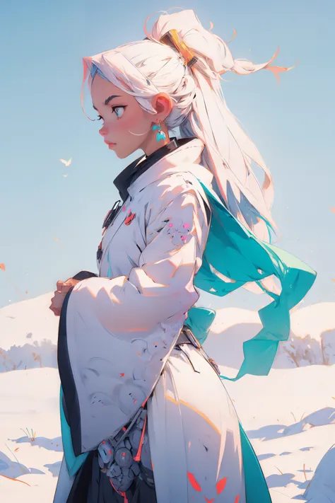 anime girl in a white and blue outfit standing in the snow