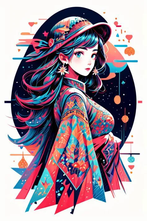 a modern woman with a cool hat, infographic, aurora borealis, magical bubbles, vivid colors, intricate details, intricate design...