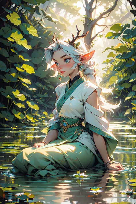 nijiv5, (masterpiece, best quality), 1girl, elf, misty forest, sitting, in water, waterfall, deer antlers, lotus, looking away, blurry foreground, sunlight, bokeh
 <lyco:last:1.0>