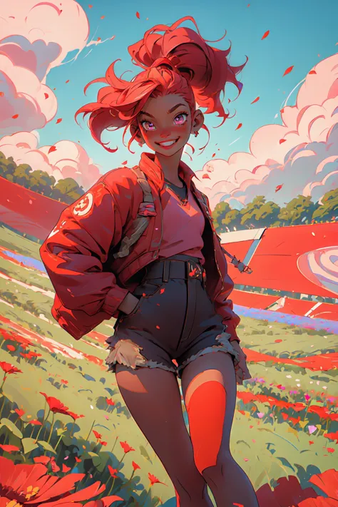 anime girl in a field of flowers with a red umbrella