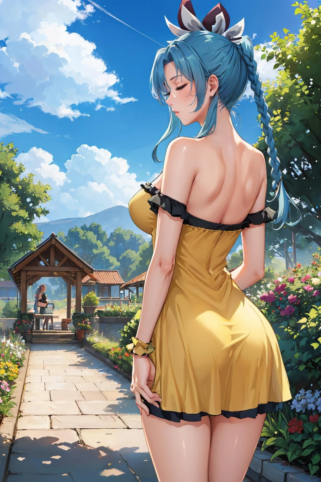masterpiece, best quality,  mishera, closed eyes, braid, hair ornament, hair ribbon, from behind, (yellow sundress:1.3), garden, clouds, sky, looking at viewer, large breasts