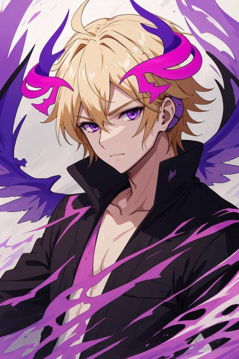 A man with blonde hair and purple eyes wearing a black jacket - SeaArt AI