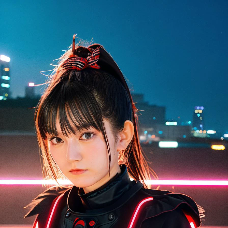 1girl,masterpiece, photorealistic, detailed, RAW color photo,(fully in frame:1.1) suzuka nakamoto, young,idol, cute, bangs, ponytail, black makeup,black outfit, neon lights, buildings around